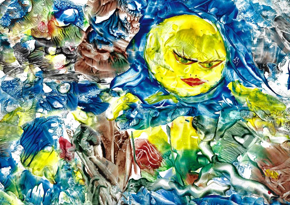 Peinture  la cire de Catherine Rault-Crosnier illustrant le pome La Lune de Maurice Rollinat.