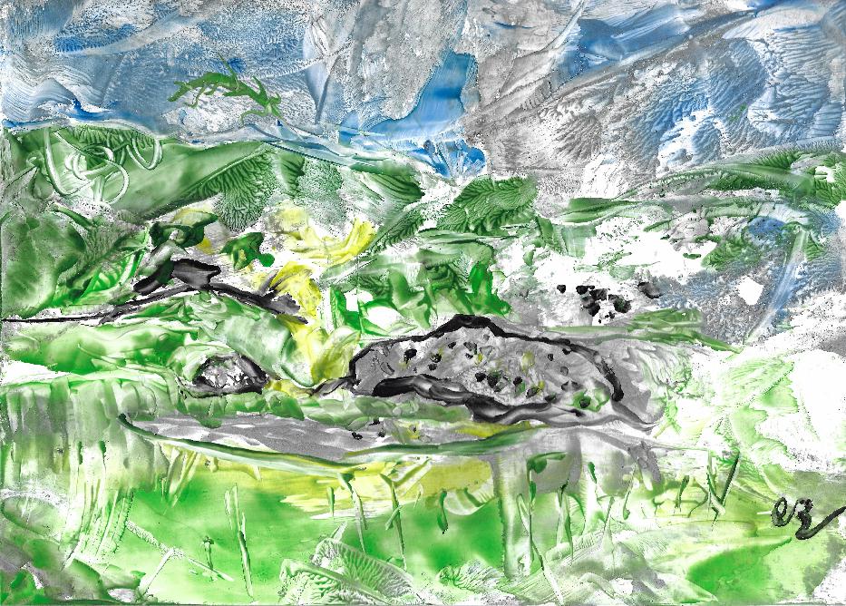 Le dolmen des Sablons � Douadic, en peinture � la cire par Catherine R�ault-Crosnier.