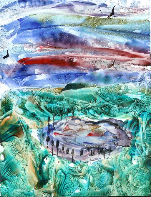 Peinture � la cire de Catherine R�ault-Crosnier illustrant la conf�rence Maurice Rollinat en Brenne.