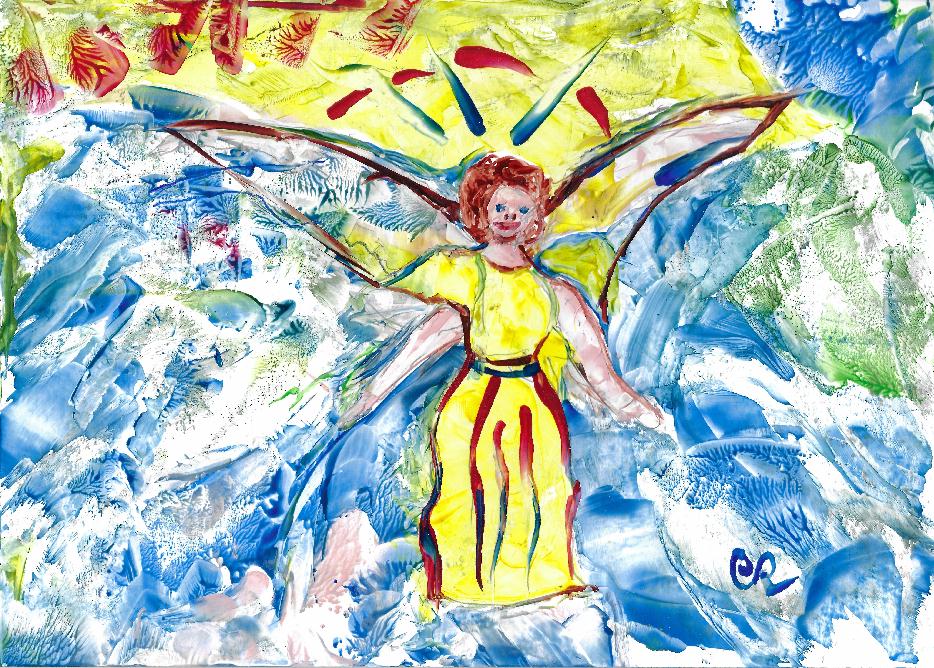 Peinture � la cire de Catherine R�ault-Crosnier illustrant le po�me L'Ange gardien de Maurice Rollinat.