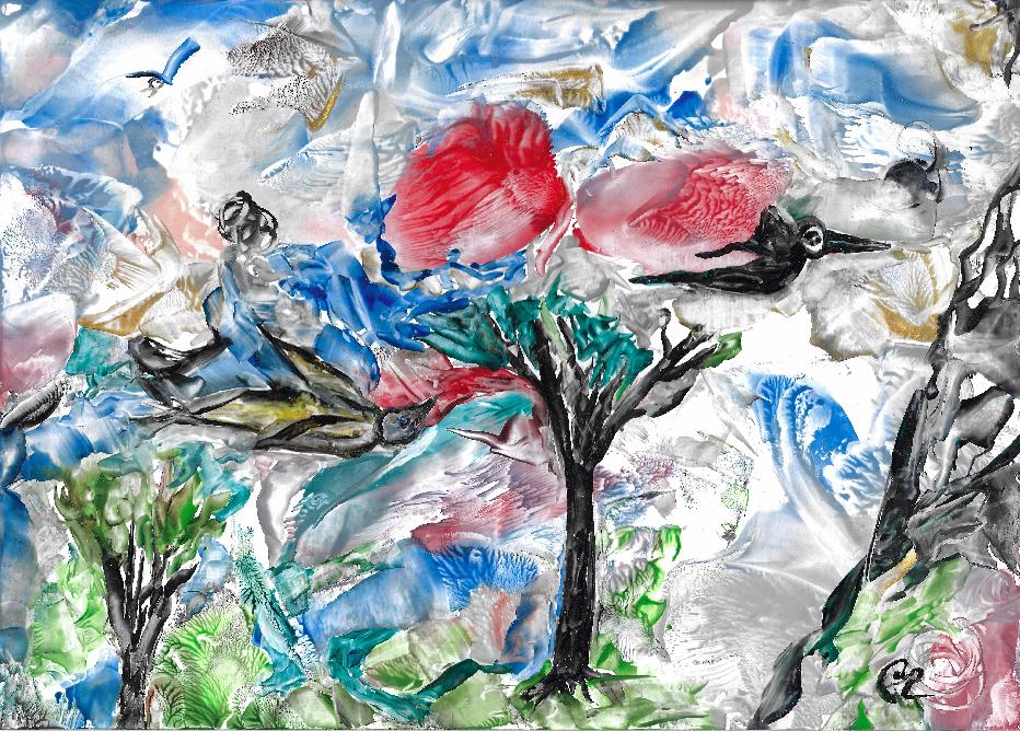 Peinture � la cire de Catherine R�ault-Crosnier illustrant le po�me Ballade des nuages de Maurice Rollinat.