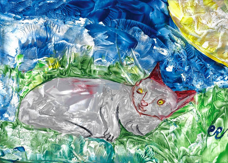 Peinture � la cire de Catherine R�ault-Crosnier illustrant le po�me Le Chat de Maurice Rollinat.