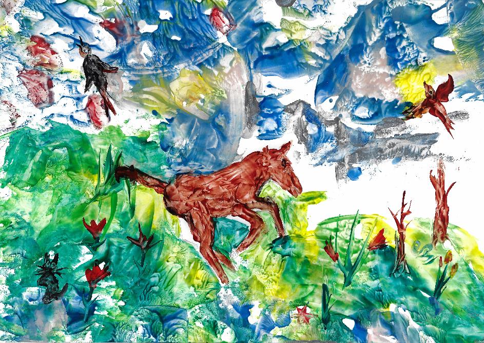 Peinture  la cire de Catherine Rault-Crosnier illustrant le pome Le Poulain de Maurice Rollinat.