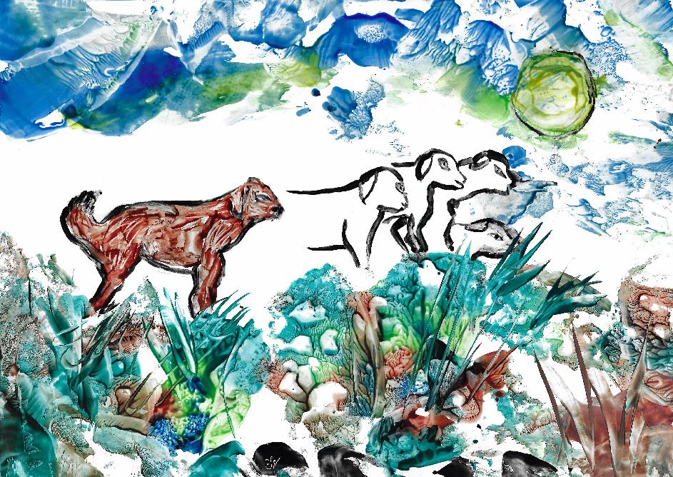 Peinture  la cire de Catherine Rault-Crosnier illustrant le pome La bonne Chienne de Maurice Rollinat.