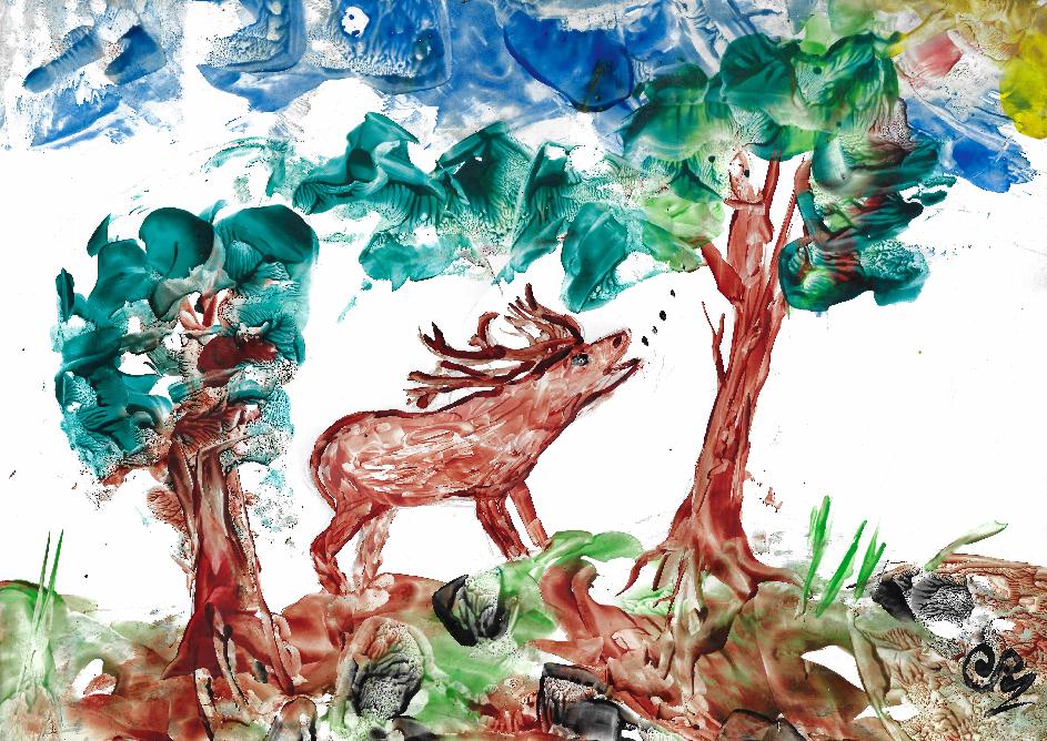 Peinture  la cire de Catherine Rault-Crosnier illustrant le pome La Fort magique de Maurice Rollinat.