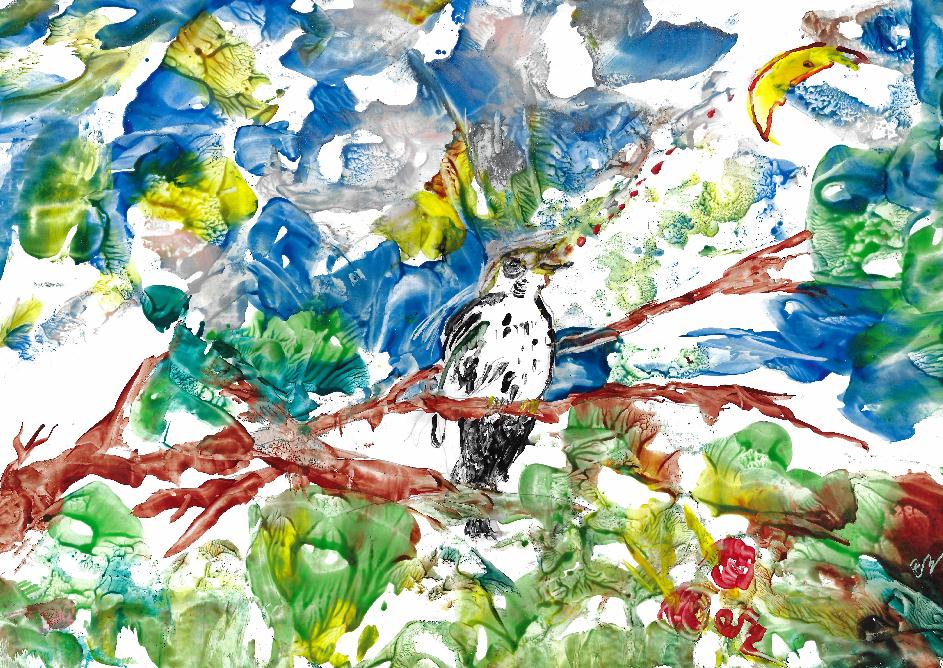 Peinture  la cire de Catherine Rault-Crosnier illustrant le pome Le Rossignol de Maurice Rollinat.