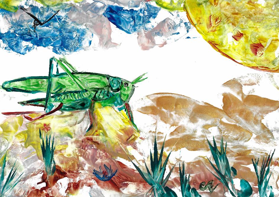 Peinture  la cire de Catherine Rault-Crosnier illustrant le pome La Sauterelle de Maurice Rollinat.