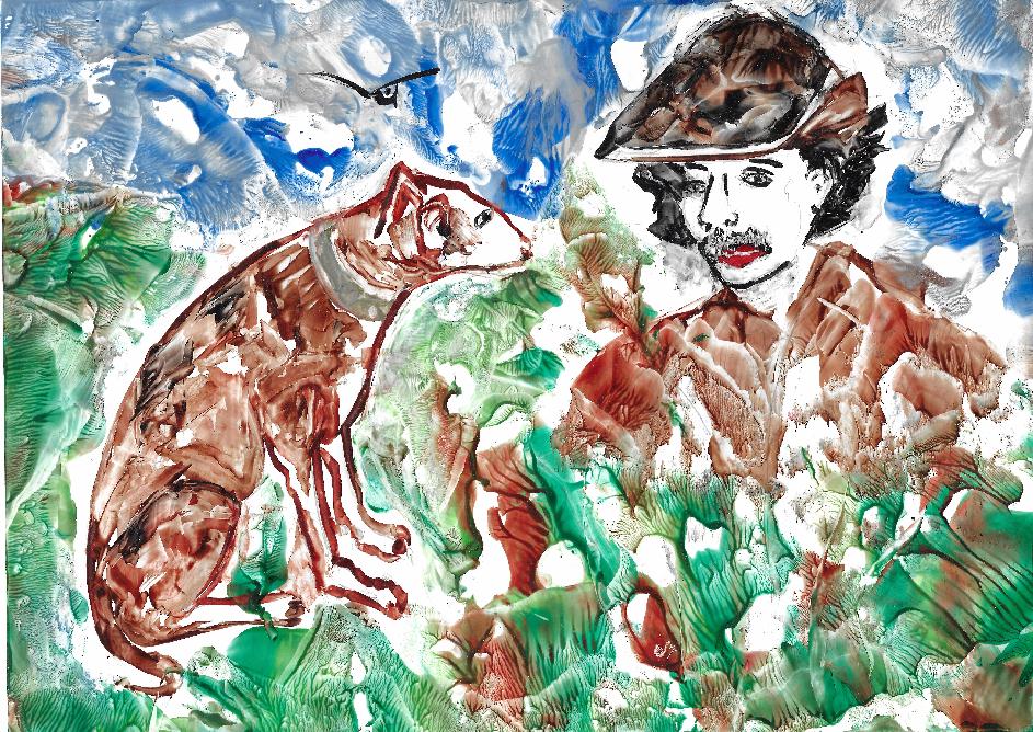 Peinture  la cire de Catherine Rault-Crosnier illustrant le pome Mon chien Pistolet de Maurice Rollinat.