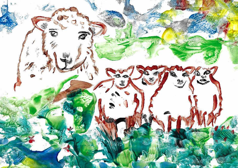 Peinture  la cire de Catherine Rault-Crosnier illustrant le pome Les Moutons de Maurice Rollinat.