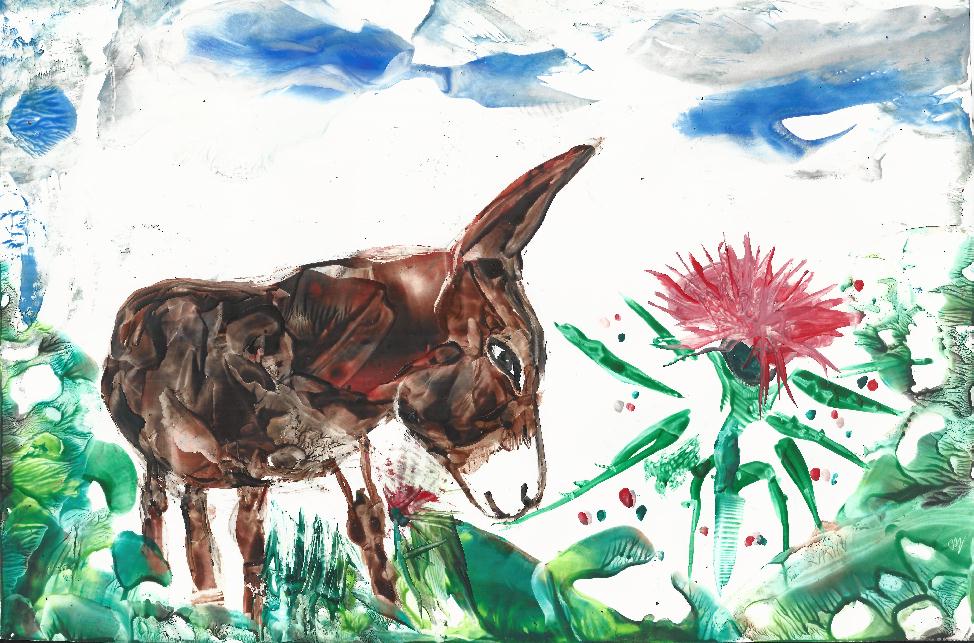 Peinture � la cire de Catherine R�ault-Crosnier illustrant le po�me Le Champ de chardons de Maurice Rollinat.