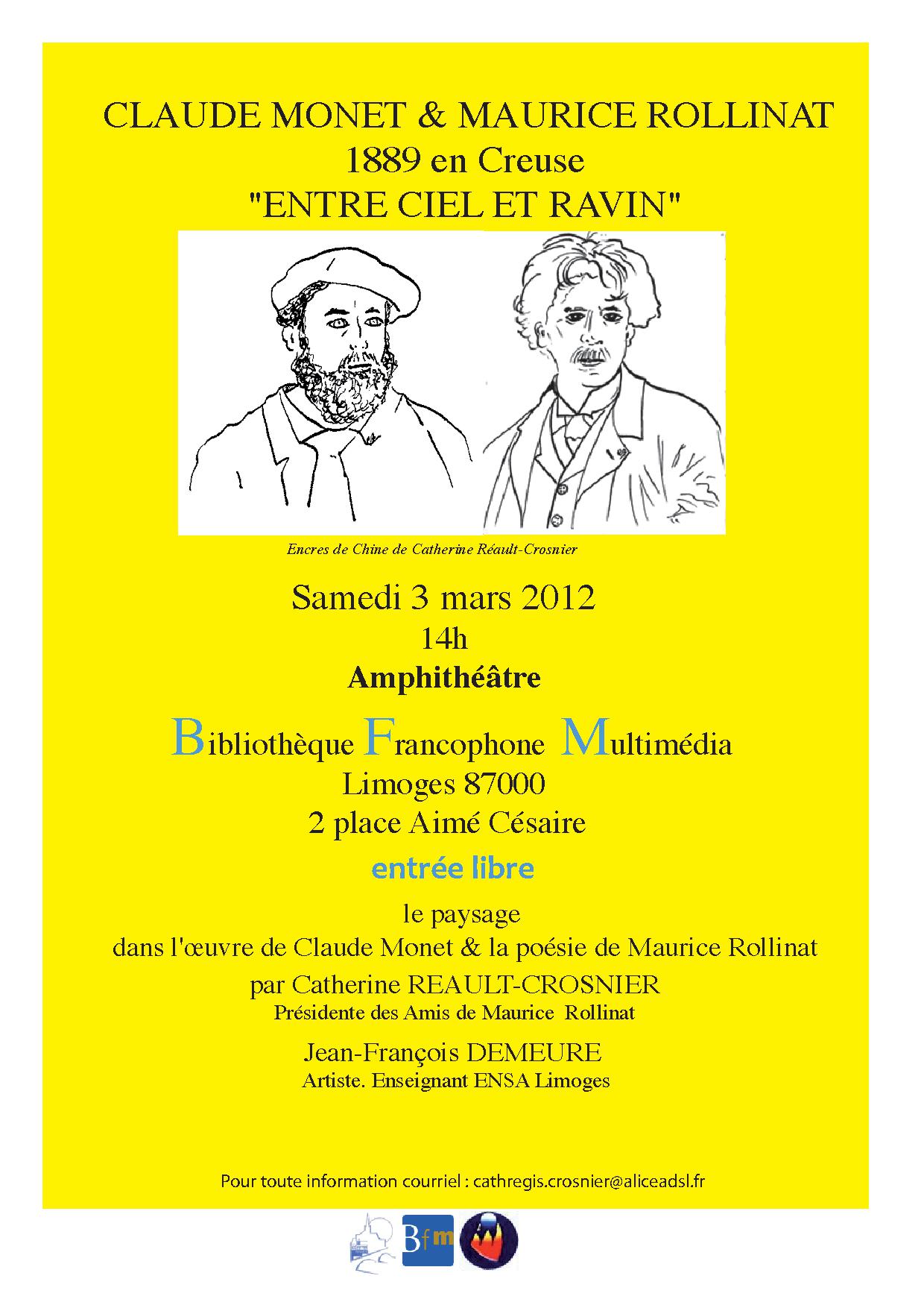 Affiche de laprs-midi littraire organis par lAssociation des Amis de Maurice Rollinat, le 3 mars 2012,  la Bibliothque Francophone Multimdia de Limoges.