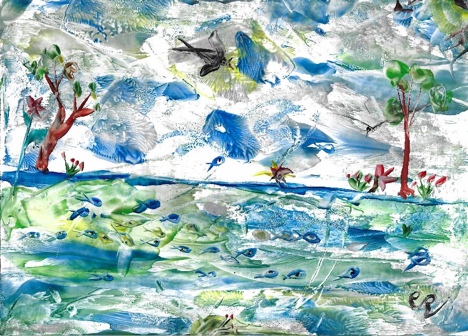 Peinture  la cire intitule "Naissance des poissons au printemps" illustrant la confrence &nbsp;Maurice Rollinat, un fameux pcheur  la ligne dans la Creuse&nbsp; projete  Fresselines le 10 mai 2025.