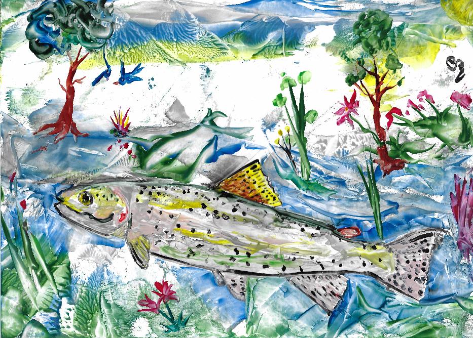 Peinture  la cire de Catherine Rault-Crosnier illustrant le texte en prose Pcheur de truites de Maurice Rollinat.
