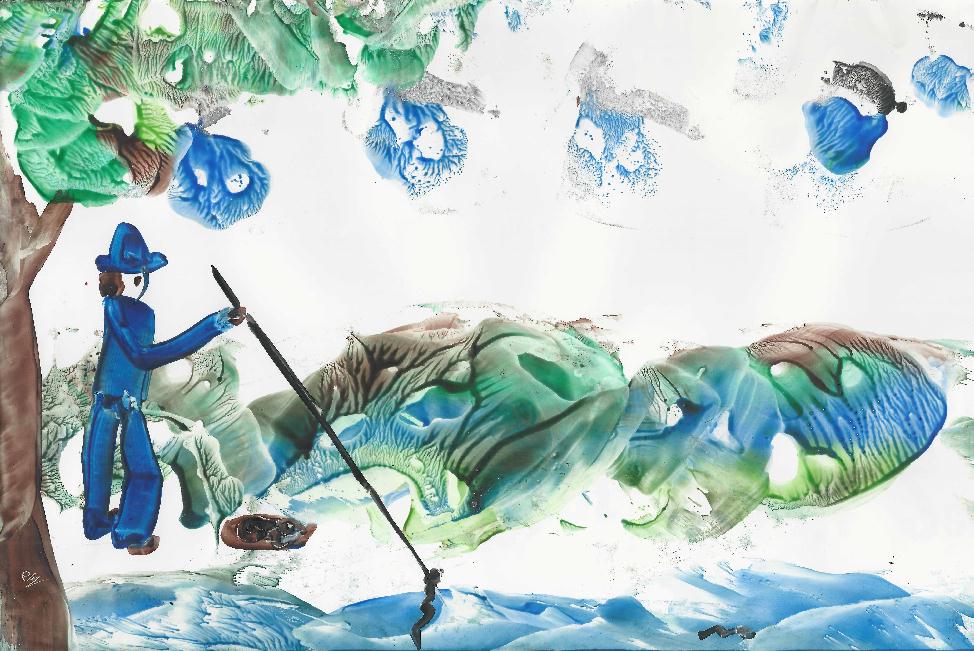 Peinture  la cire de Catherine Rault-Crosnier illustrant le pome Le Pcheur  la ligne de Maurice Rollinat.