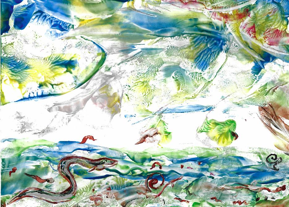 Peinture  la cire de Catherine Rault-Crosnier illustrant le pome Le Fond de l'eau de Maurice Rollinat.