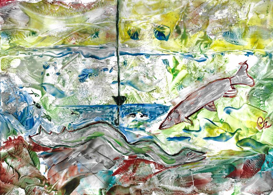 Peinture  la cire de Catherine Rault-Crosnier illustrant le pome Le Pcheur  la ligne de Maurice Rollinat.