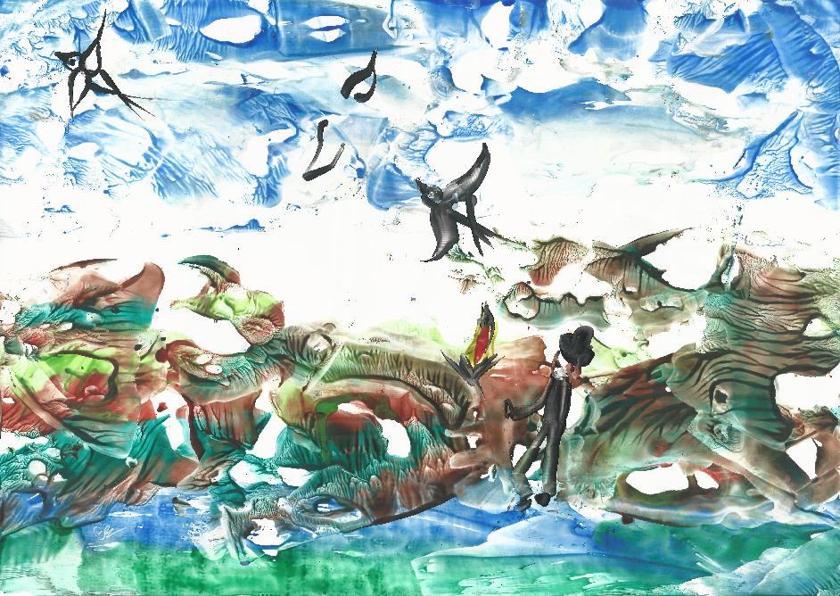 Peinture  la cire de Catherine Rault-Crosnier illustrant la confrence Maurice Rollinat, un fameux pcheur  la ligne dans la Creuse.