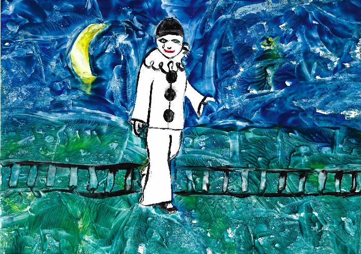 Peinture  la cire de Catherine Rault-Crosnier illustrant le pome Le petit Pierrot de Maurice Rollinat.