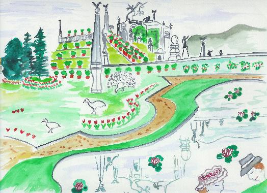 Aquarelle de Catherine Rault-Crosnier intitule Jardins et terrasses dIsola Bella.