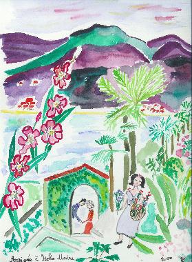 Aquarelle de Catherine Rault-Crosnier intitule Arrive  Isola Madre.