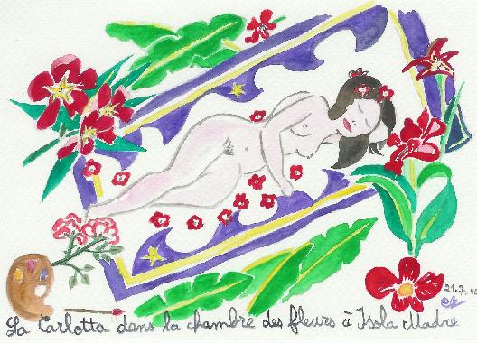 Aquarelle de Catherine Rault-Crosnier intitule La Carlotta dans la chambre des fleurs  Isola Madre.