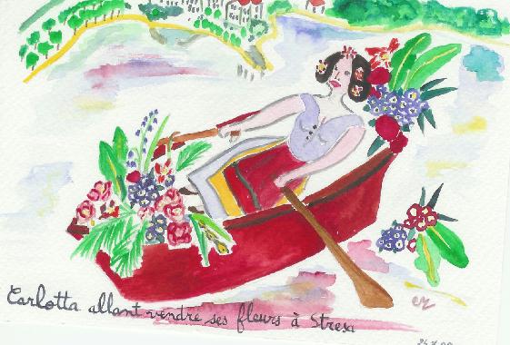 Aquarelle de Catherine Rault-Crosnier intitule Carlotta allant vendre ses fleurs  Stresa.