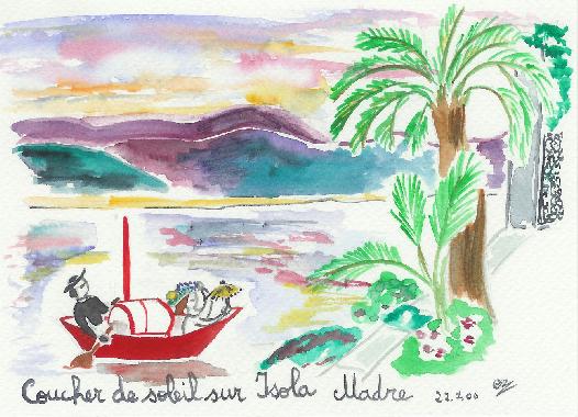 Aquarelle de Catherine Rault-Crosnier intitule Coucher de soleil sur Isola Madre.