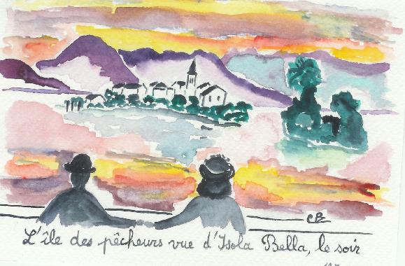 Aquarelle de Catherine Rault-Crosnier intitule Lle des pcheurs vue dIsola Bella, le soir.