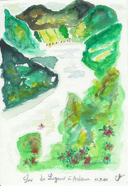 Aquarelle de Catherine Rault-Crosnier intitule Le lac de Lugano  Ardena.