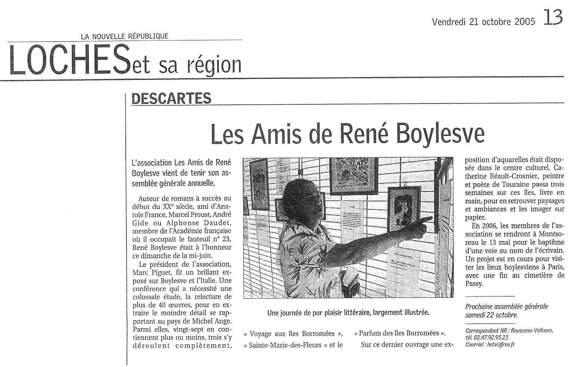 Article sign Rousseau-Vellones, paru dans la Nouvelle Rpublique du Centre-Ouest du 21 octobre 2005.