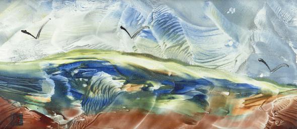 Peinture  la cire de Catherine Rault-Crosnier intitule Caresse du vent sur la Loire.