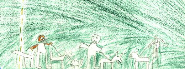 Dessin illustrant le pome LE CHIEN de Scott BATAILL, expos au Mur de posie de Tours 2001.