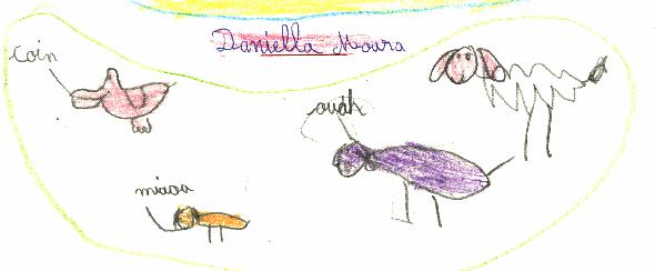 Dessin illustrant le pome L'COLE DES ANIMAUX de Daniella MOURA, expos au Mur de posie de Tours 2001.