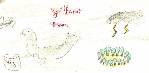 Dessin illustrant le pome L'OTARIE de Zo PAPOT, expos au Mur de posie de Tours 2001.