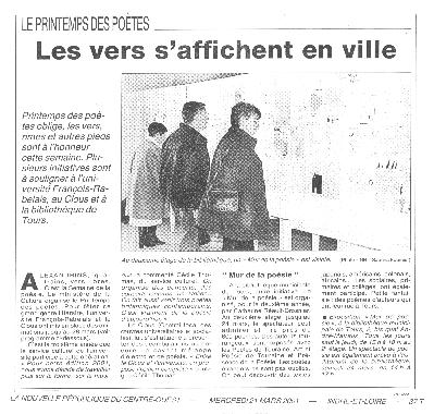 Article de Delphine COUTIER, paru dans "La Nouvelle Rpublique du Centre-Ouest", dition dIndre-et-Loire, le mercredi 21 mars 2001.