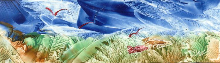 Peinture  la cire de Catherine RAULT-CROSNIER, illustrant le pome de Richard DOGHEH, expos au Mur de posie de Tours 2001.