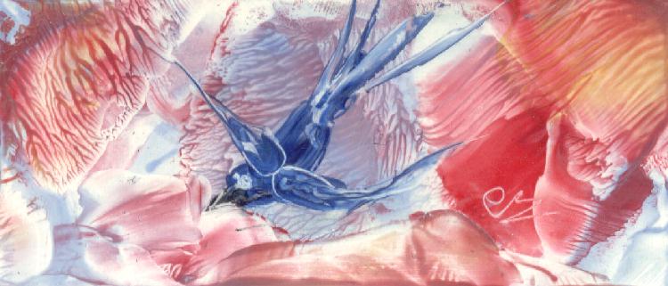 Peinture  la cire de Catherine RAULT-CROSNIER illustrant le pome L'OISEAU BLEU d'Alphonse DAUDET.