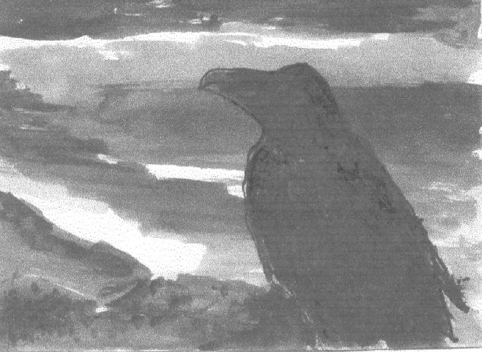 Dessin  lencre de Franoise VERGNE-RIBERA, dessin et peint  la plume de corbeau, illustrant le pome  MON CORBEAU de Jacqueline LEMATRE.