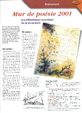 Article paru dans "Tours Cultures", magazine culturel de la ville de Tours, numro 52, de janvier, fvrier, mars 2001, page9.