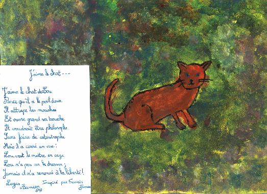 Dessin d'Alameen LAYAS, illustrant son pome "J'aime le chat...".