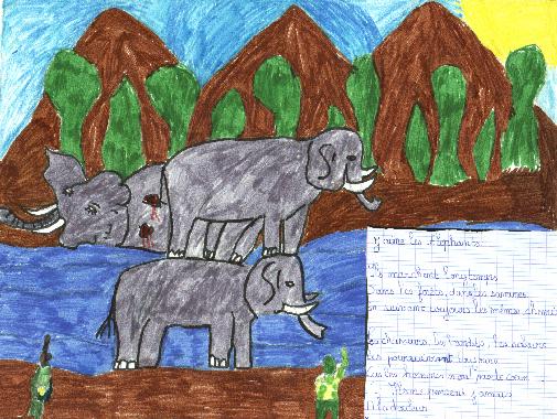 Dessin de Gisle NURUKUNDO, illustrant son pome "J'aime les lphants".