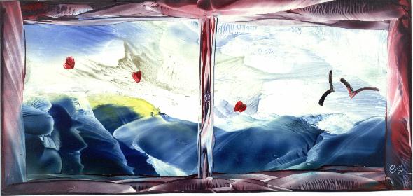 Peinture  la cire de Catherine RAULT-CROSNIER, illustrant le pome LA RESPIRATION DE LA MER d'Antnio RAMOS ROSA