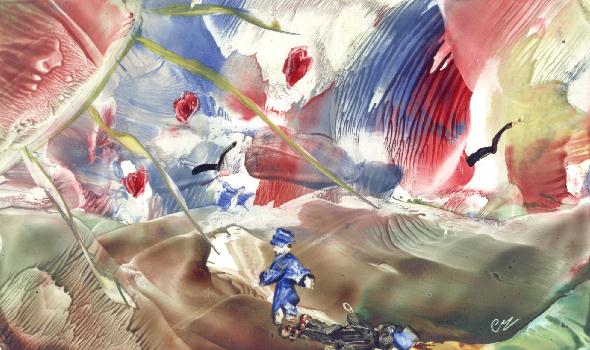 Peinture  la cire de Catherine RAULT-CROSNIER, illustrant le pome FLUX de Marius ROMAN.